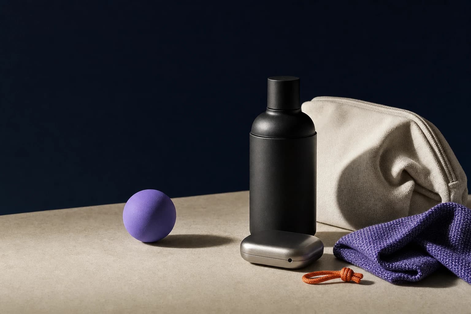 A carefully arranged selection of useful unbranded objects on a warm stone surface.